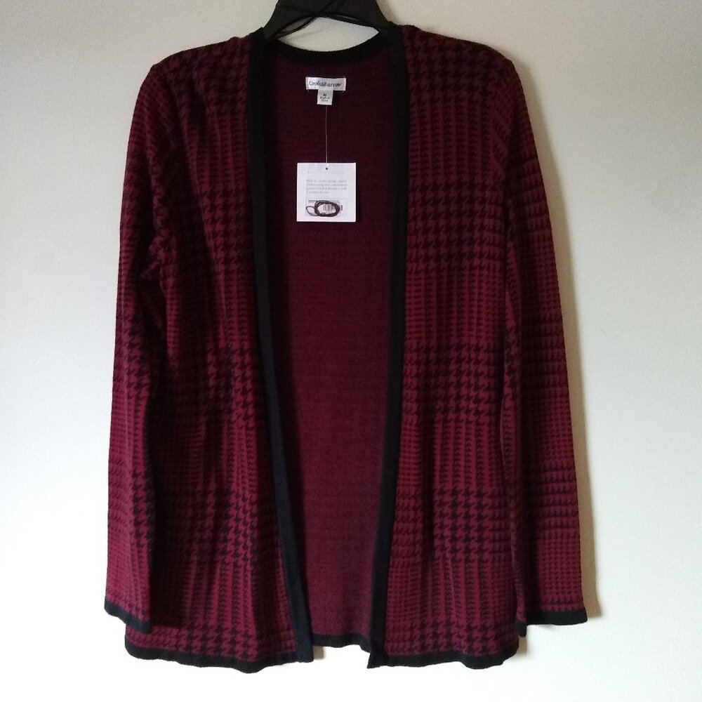BURGUNDY OPEN FRONT PLAID CARDIGAN NWT